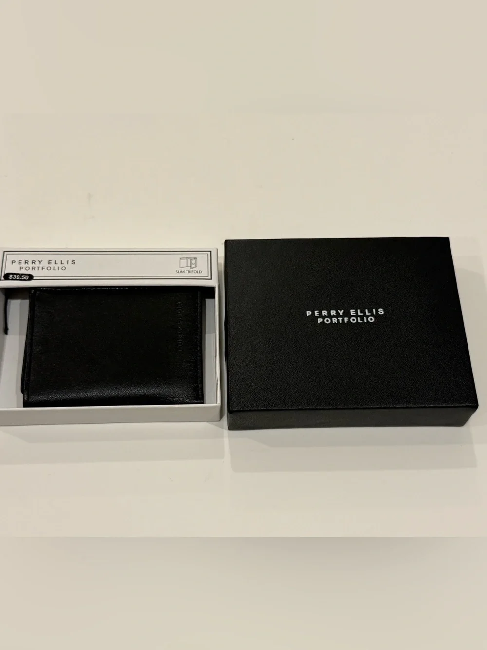 Perry Ellis Black Leather Slim Trifold Wallet with Gift Box